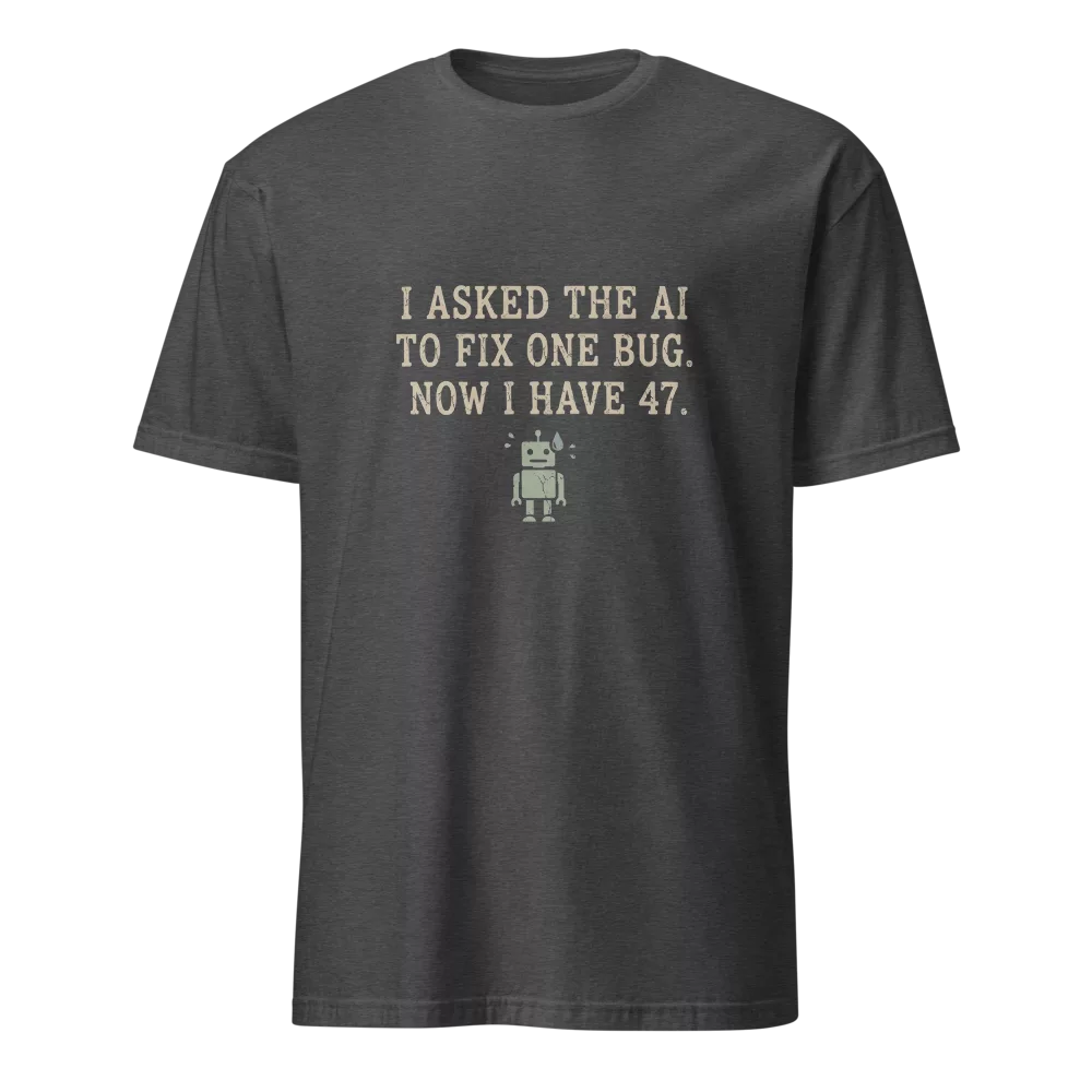 Camiseta negra con texto sobre IA arreglando un bug y generando 47 mas, robot pixelado sudando — color Gris oscuro jaspeado
