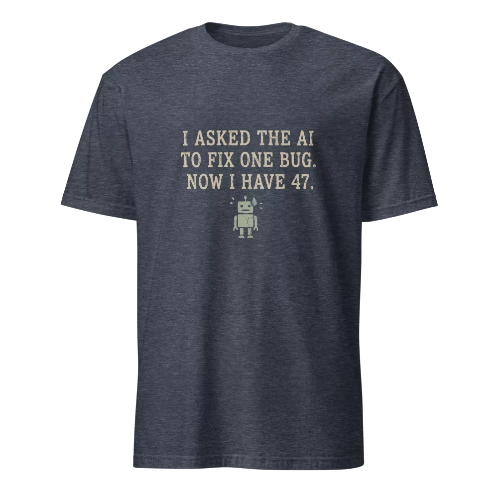 Camiseta negra con texto sobre IA arreglando un bug y generando 47 mas, robot pixelado sudando — color Marino jaspeado