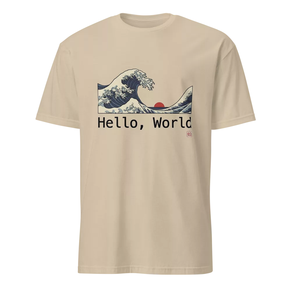 Camiseta beige con la Gran Ola de Kanagawa estilo ukiyo-e y texto Hello World — color Arena