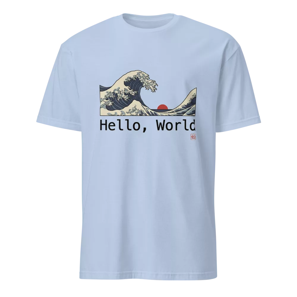 Camiseta beige con la Gran Ola de Kanagawa estilo ukiyo-e y texto Hello World — color Azul claro