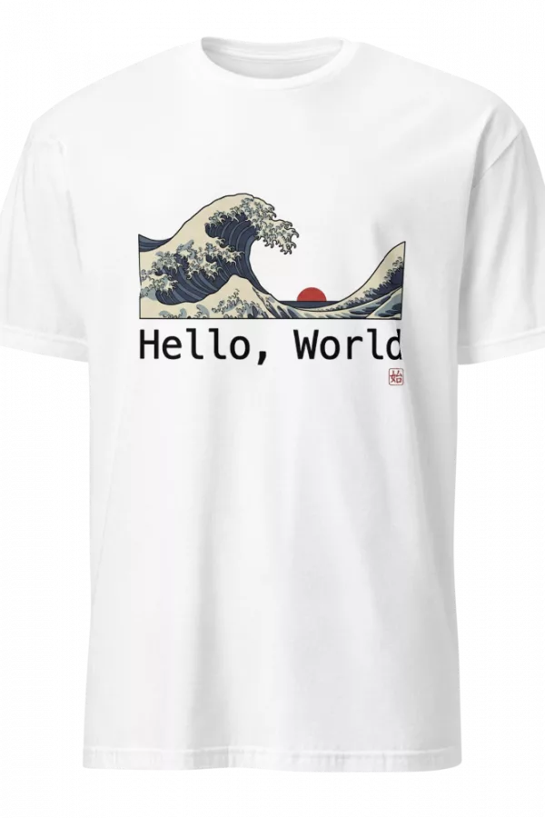 Camiseta beige con la Gran Ola de Kanagawa estilo ukiyo-e y texto Hello World — color Blanco