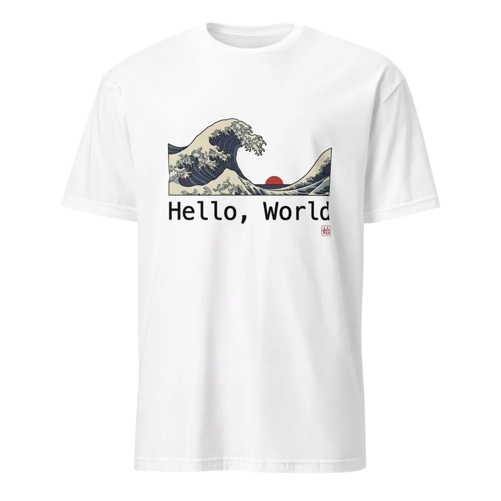Camiseta beige con la Gran Ola de Kanagawa estilo ukiyo-e y texto Hello World — color Blanco