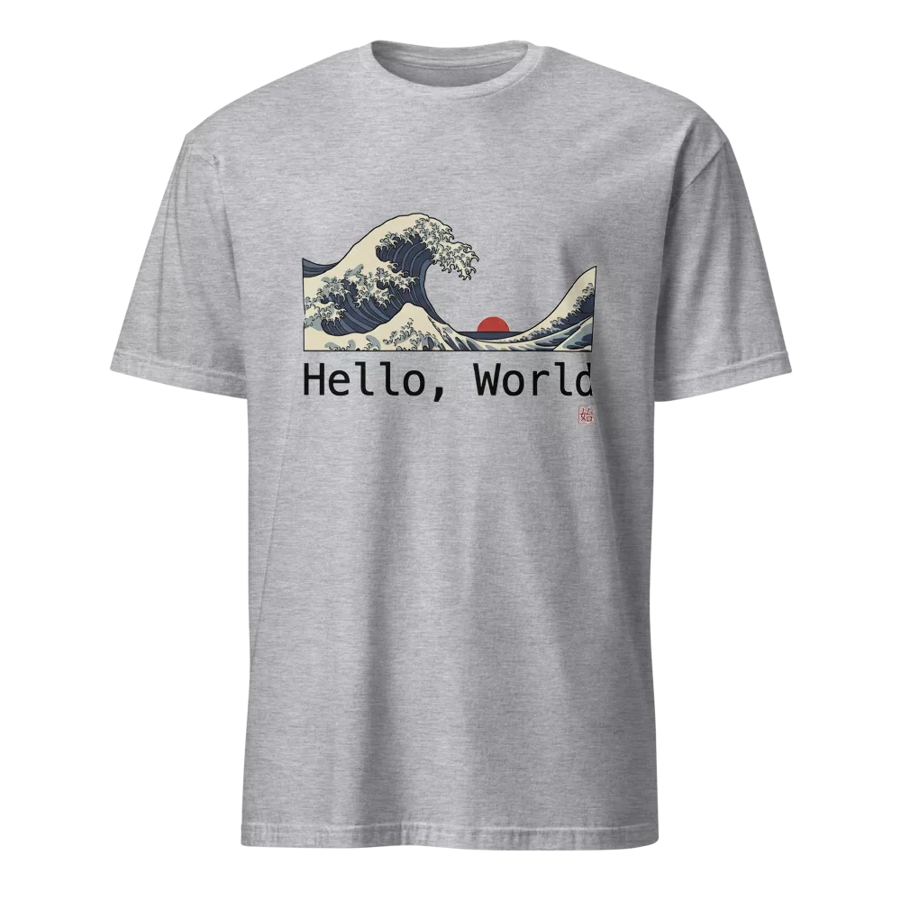 Camiseta beige con la Gran Ola de Kanagawa estilo ukiyo-e y texto Hello World — color Gris deportivo