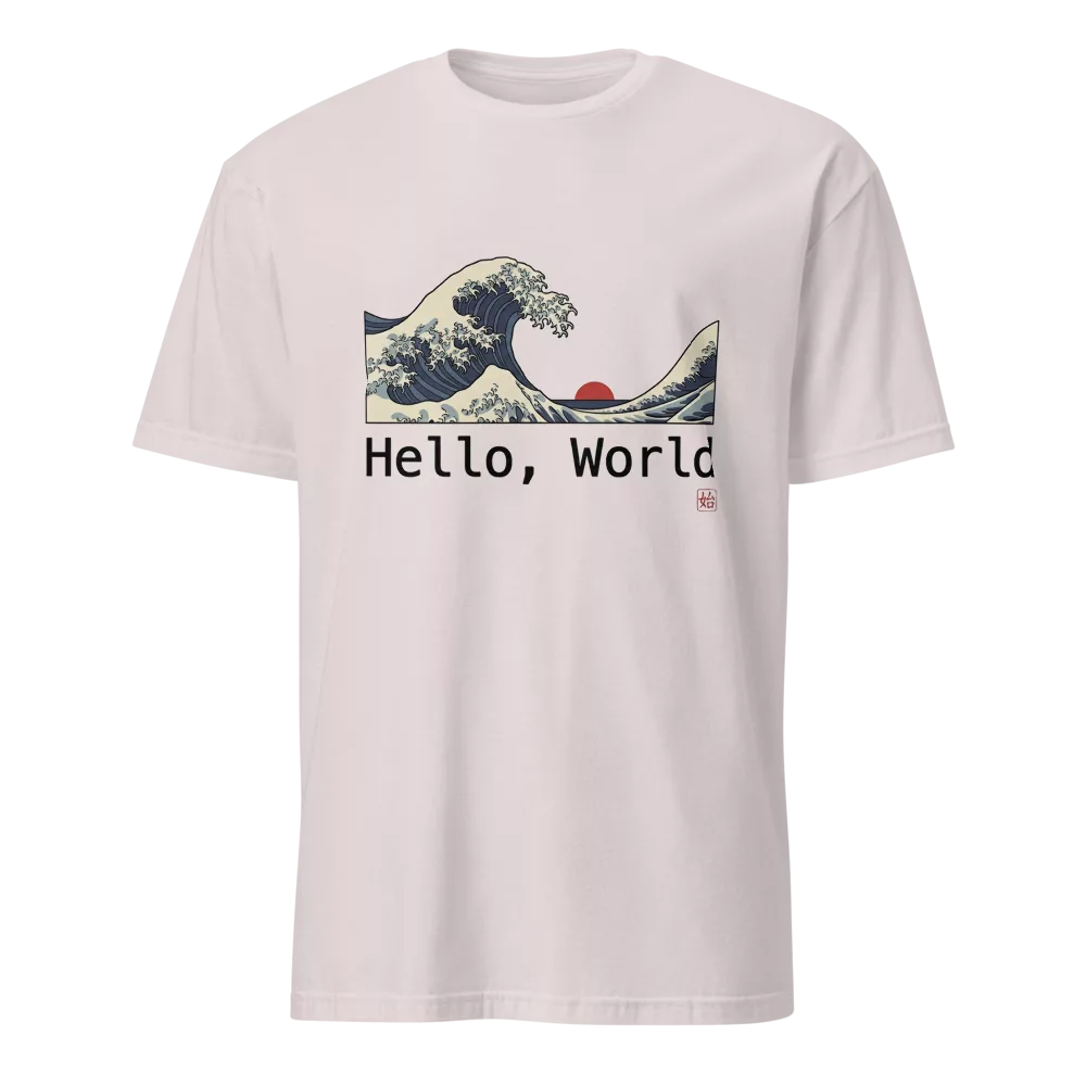 Camiseta beige con la Gran Ola de Kanagawa estilo ukiyo-e y texto Hello World — color Gris hielo