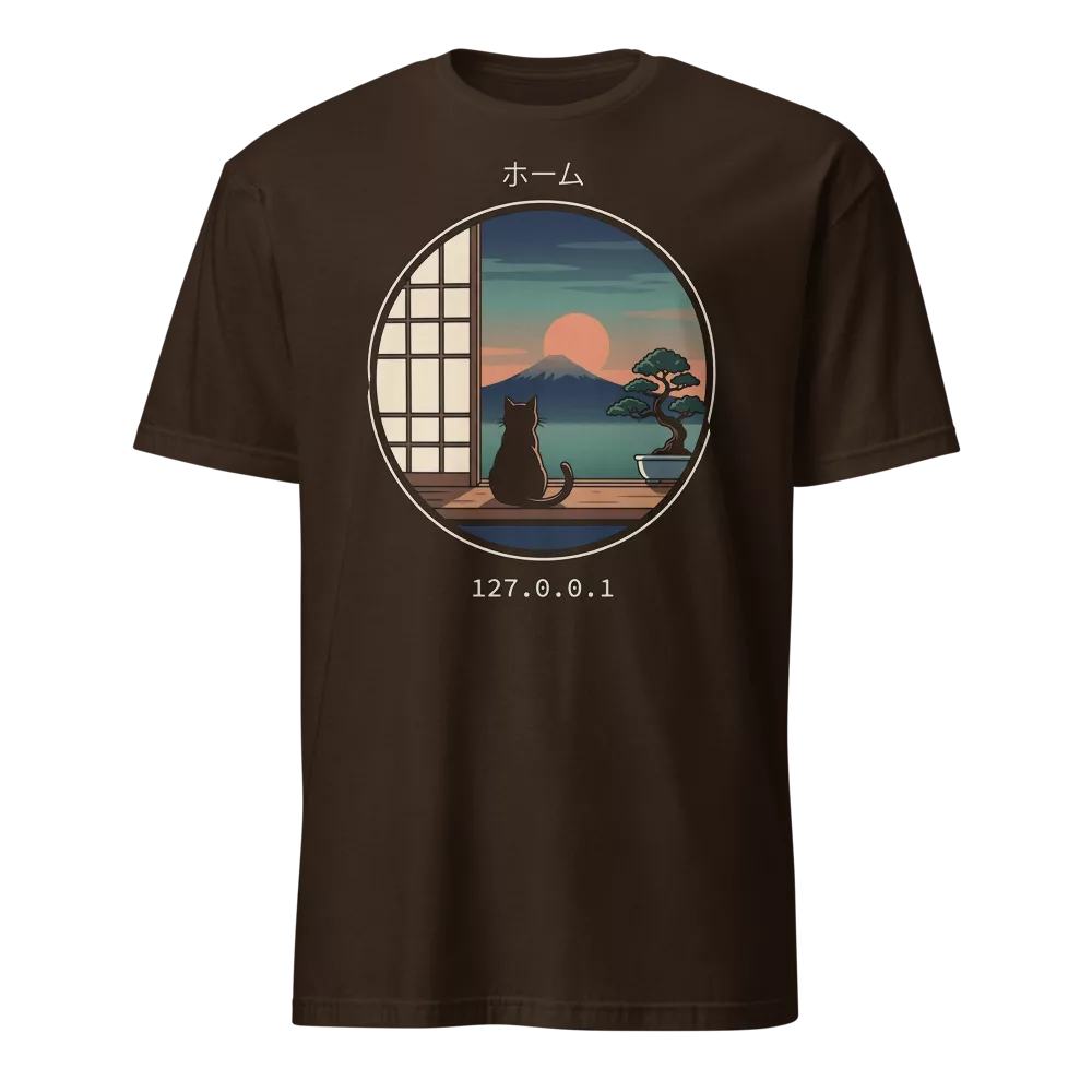 Camiseta negra con gato contemplando el monte Fuji al atardecer y texto 127.0.0.1 — color Chocolate oscuro