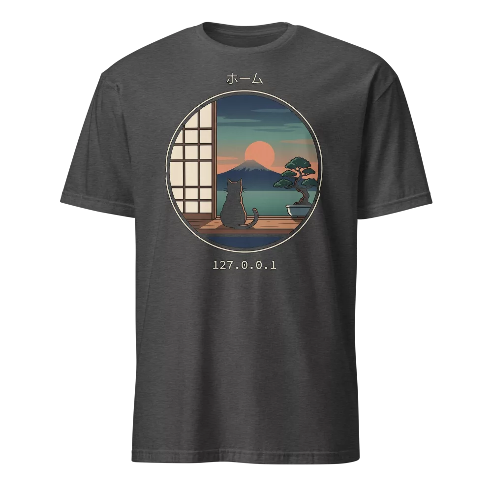 Camiseta negra con gato contemplando el monte Fuji al atardecer y texto 127.0.0.1 — color Gris oscuro jaspeado