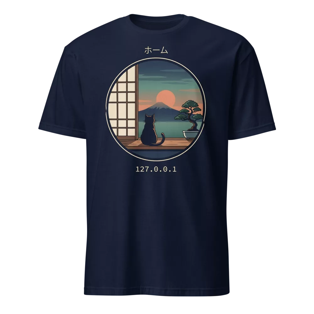Camiseta negra con gato contemplando el monte Fuji al atardecer y texto 127.0.0.1 — color Marino