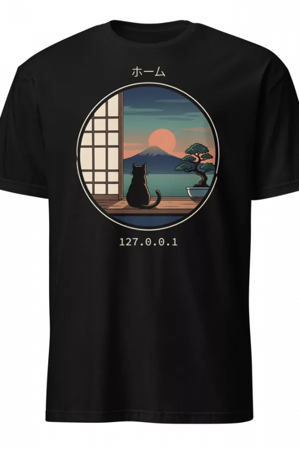 Camiseta negra con gato contemplando el monte Fuji al atardecer y texto 127.0.0.1 — color Negro