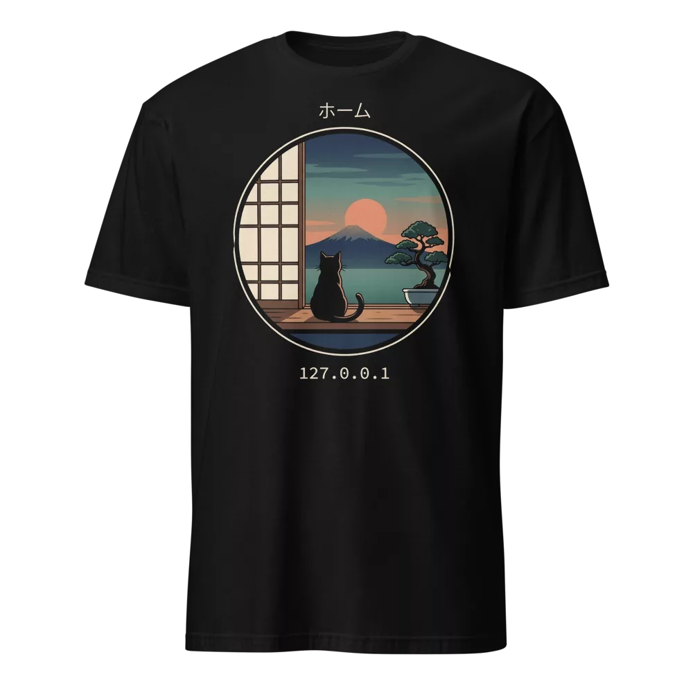 Camiseta negra con gato contemplando el monte Fuji al atardecer y texto 127.0.0.1 — color Negro