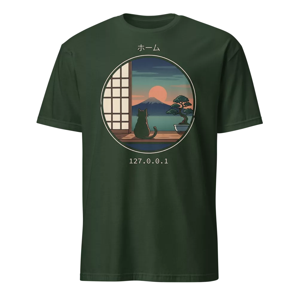 Camiseta negra con gato contemplando el monte Fuji al atardecer y texto 127.0.0.1 — color Verde bosque