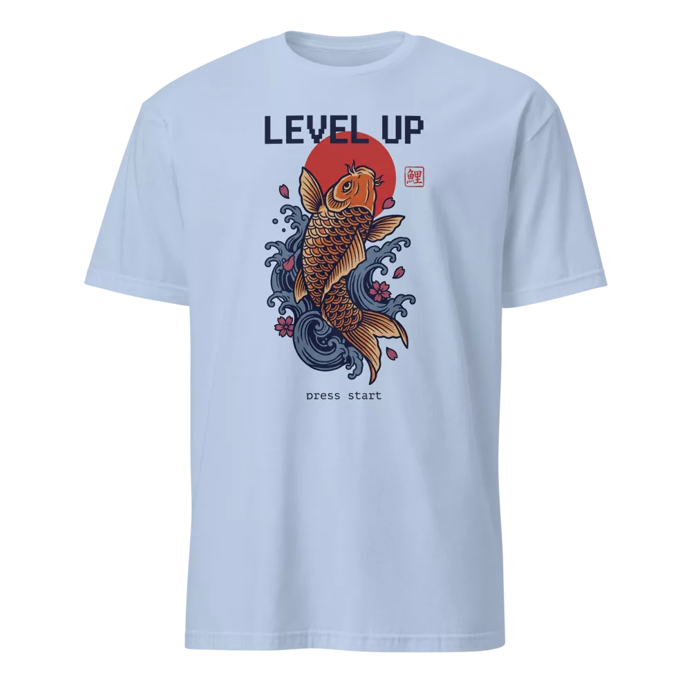 Camiseta beige con carpa koi dorada saltando entre olas y sakuras, texto Level Up — color Azul claro