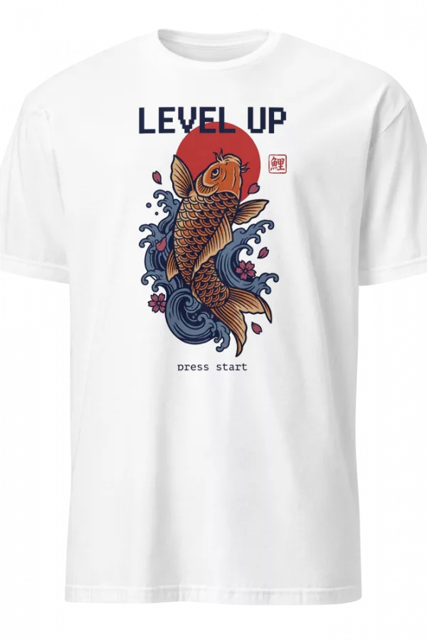 Camiseta beige con carpa koi dorada saltando entre olas y sakuras, texto Level Up — color Blanco