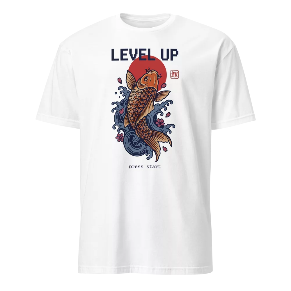 Camiseta beige con carpa koi dorada saltando entre olas y sakuras, texto Level Up — color Blanco