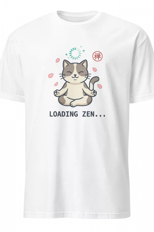 Camiseta beige con gato kawaii meditando entre petalos de sakura y texto Loading Zen — color Blanco