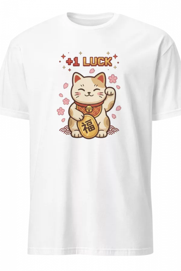 Camiseta beige con maneki-neko kawaii, sakuras y texto +1 Luck — color Blanco