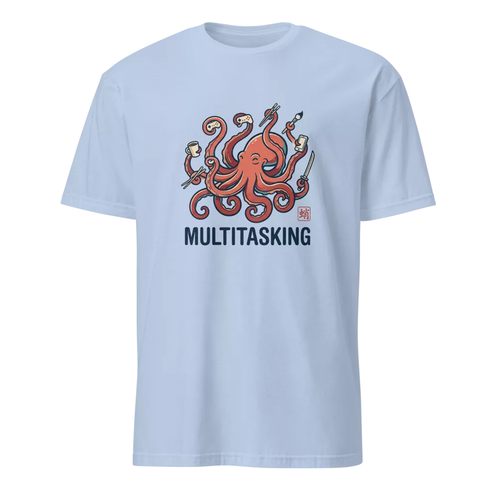 Camiseta beige con pulpo sujetando mando, katana, cafe y movil a la vez, texto Multitasking — color Azul claro