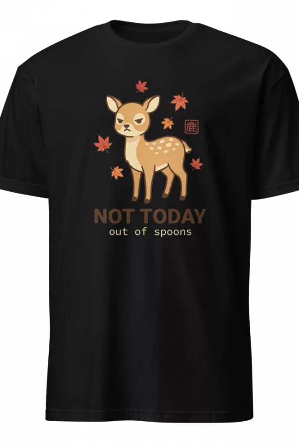 Camiseta negra con cervatillo de cara hastiada entre hojas de arce y texto Not Today — color Negro