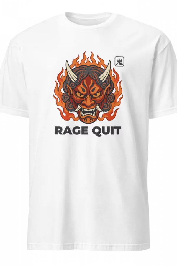 Camiseta beige con máscara oni roja entre llamas y texto Rage Quit — color Blanco