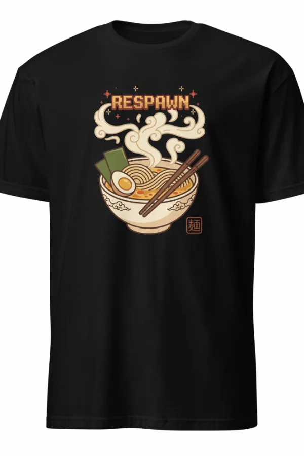 Camiseta negra con bowl de ramen humeante y huevo, texto Respawn en pixel art — color Negro