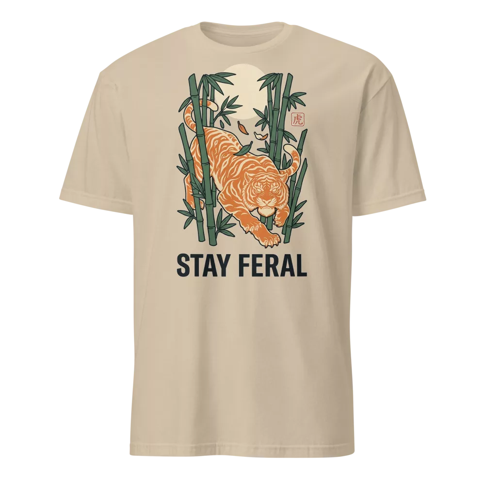 Camiseta beige con tigre agazapado entre bambú y luna llena, texto Stay Feral — color Arena