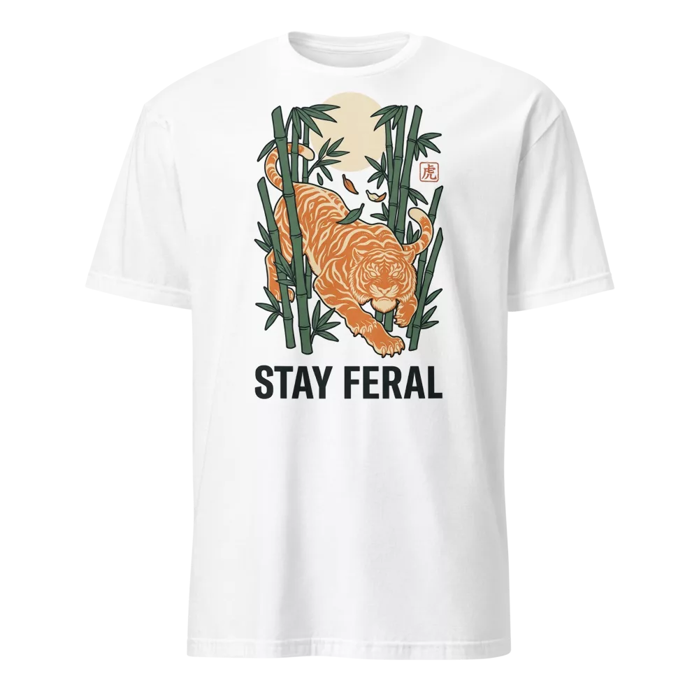 Camiseta beige con tigre agazapado entre bambú y luna llena, texto Stay Feral — color Blanco
