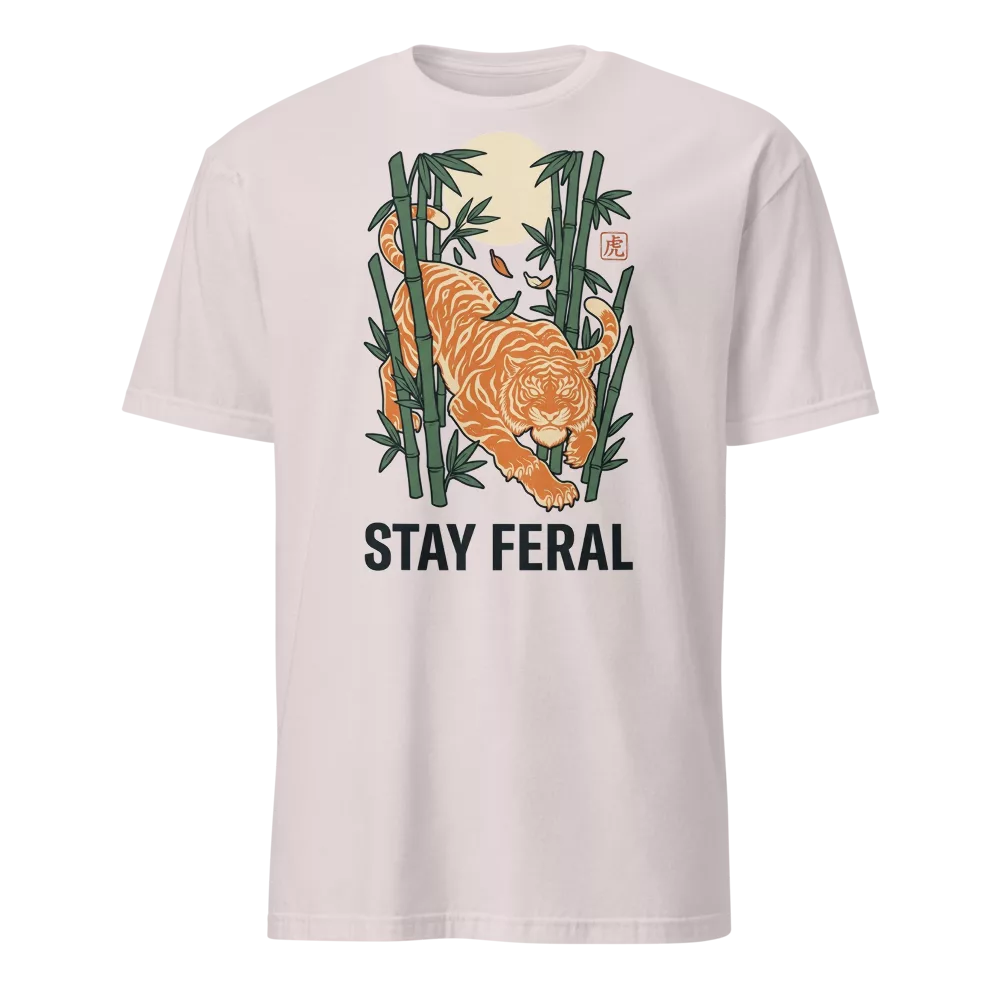 Camiseta beige con tigre agazapado entre bambú y luna llena, texto Stay Feral — color Gris hielo