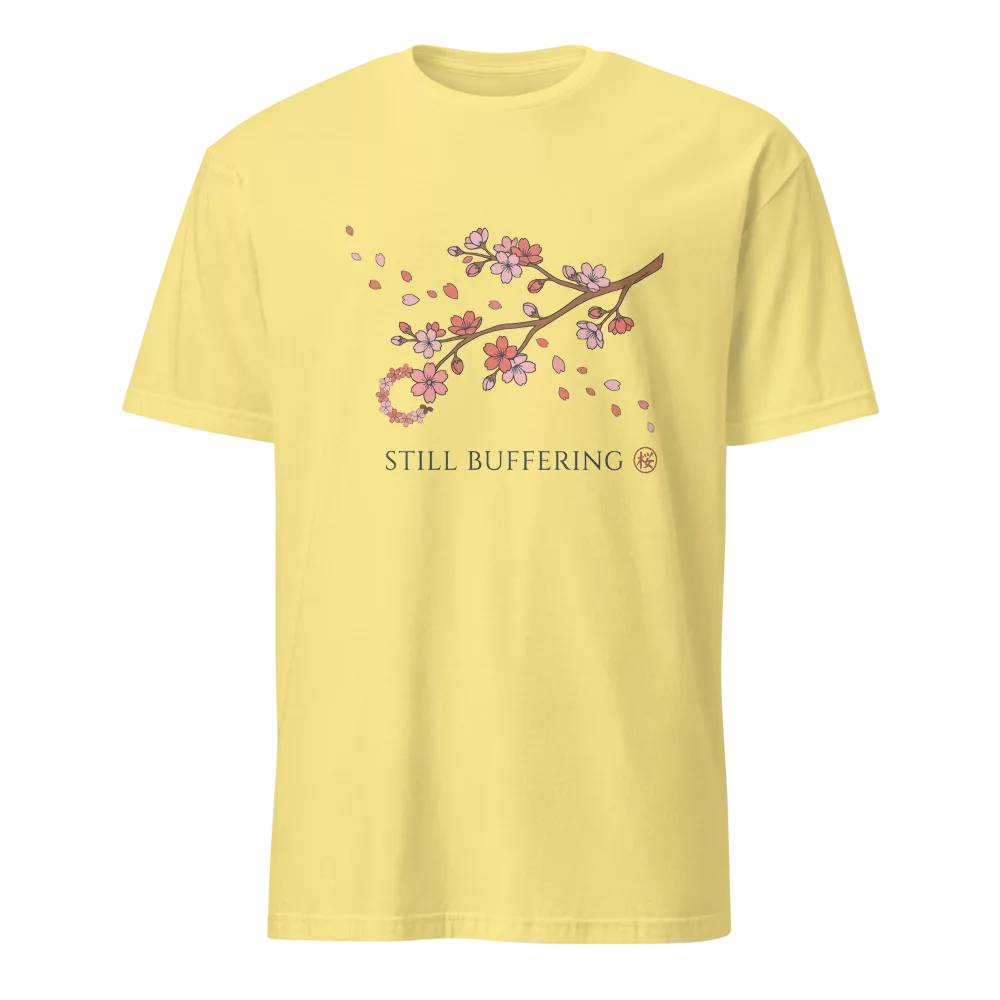 Camiseta negra con rama de flores de cerezo en acuarela y texto Still Buffering — color Amarillo maíz