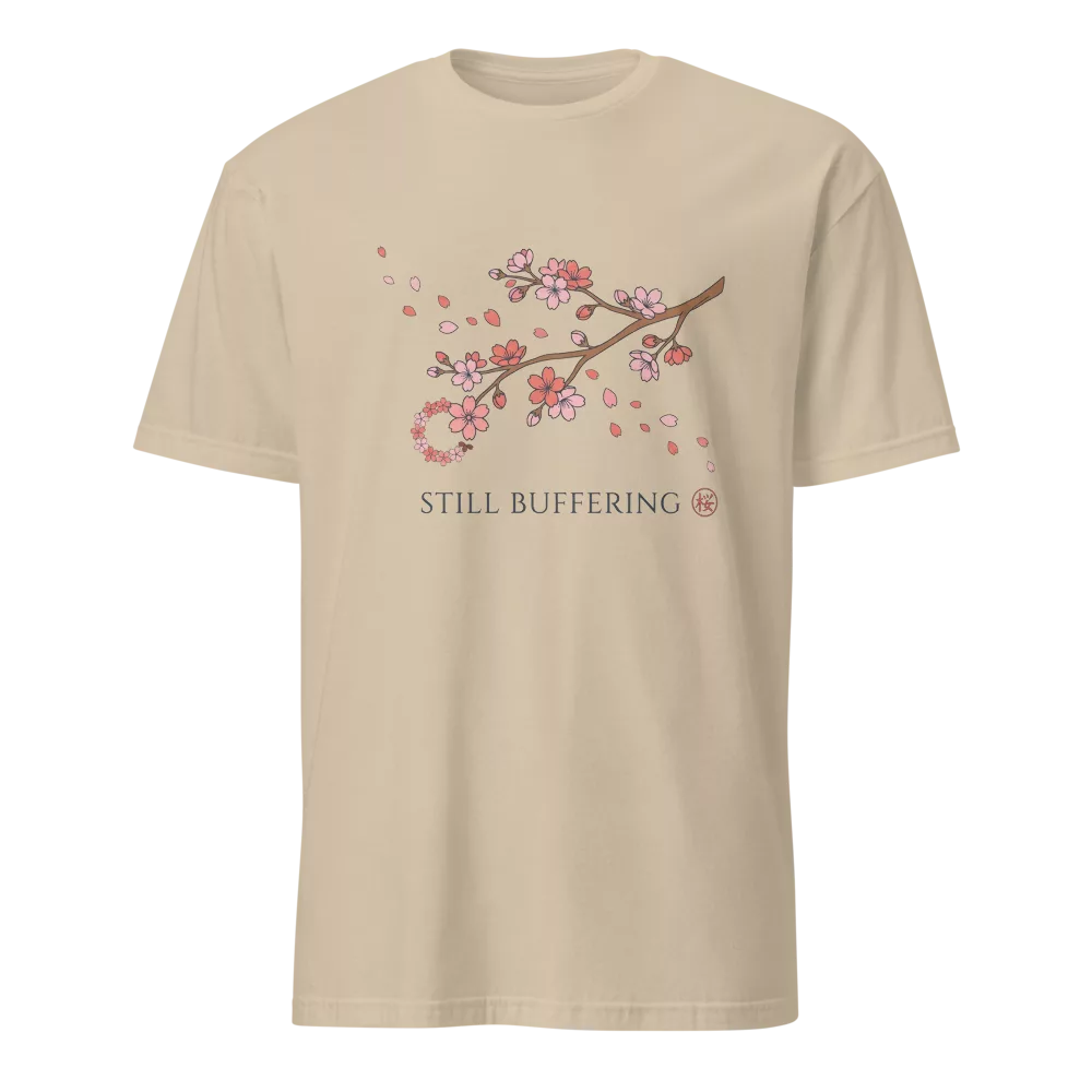 Camiseta negra con rama de flores de cerezo en acuarela y texto Still Buffering — color Arena