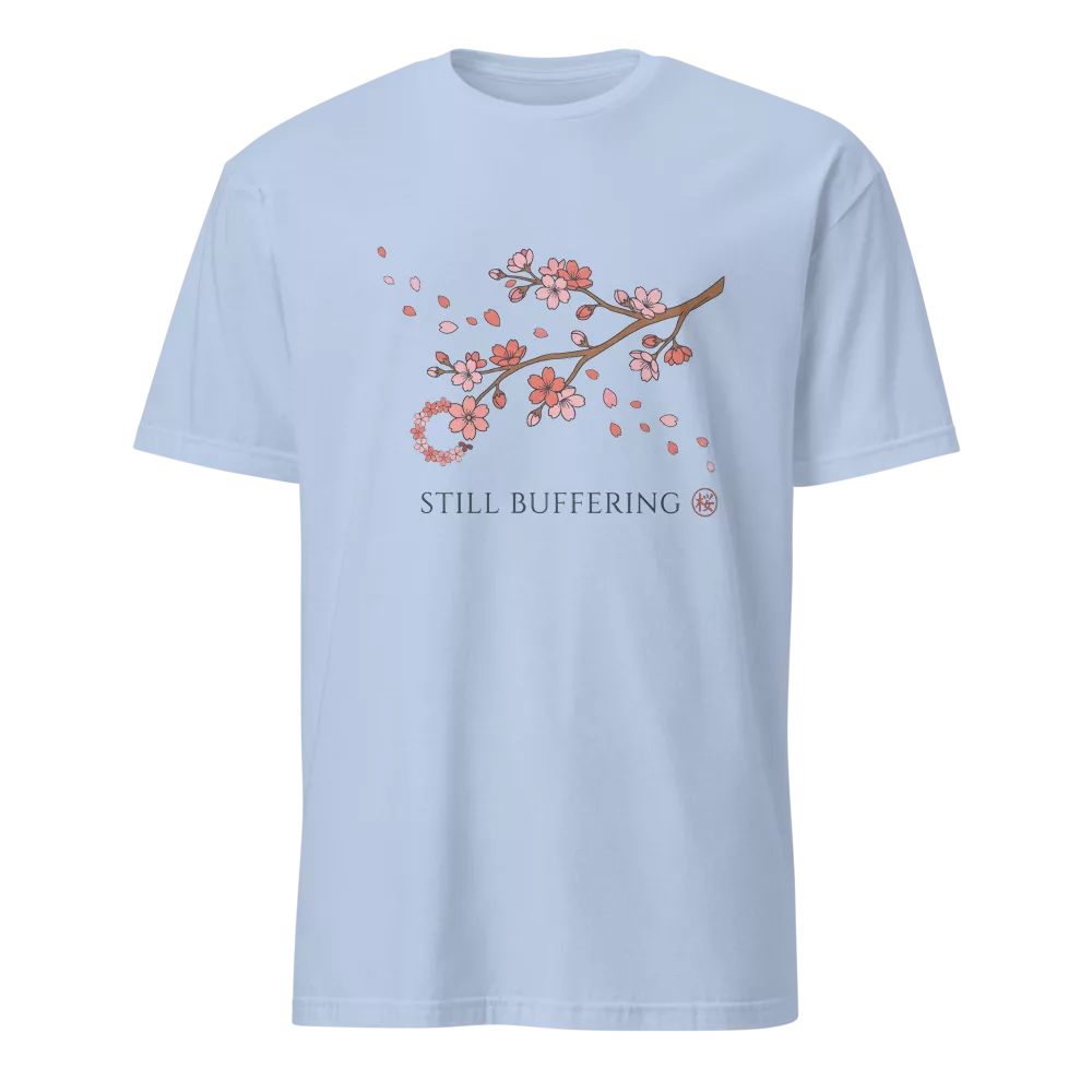 Camiseta negra con rama de flores de cerezo en acuarela y texto Still Buffering — color Azul claro