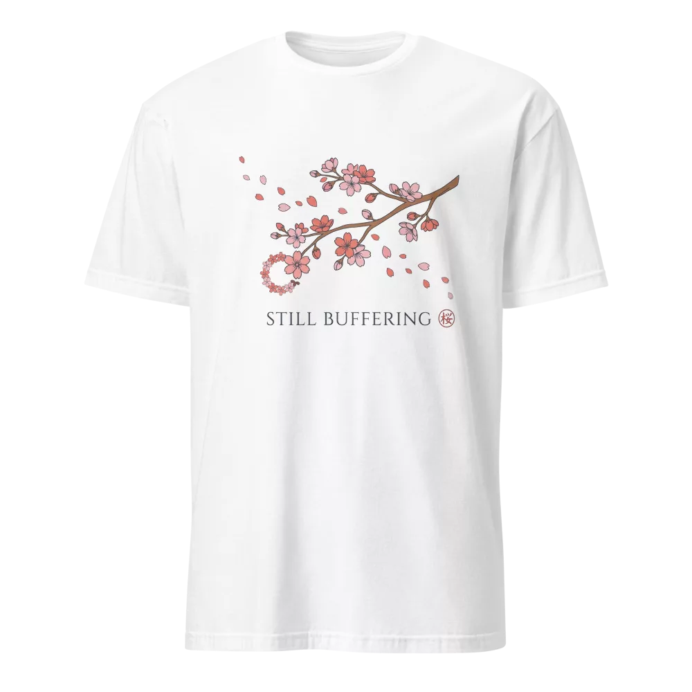 Camiseta negra con rama de flores de cerezo en acuarela y texto Still Buffering — color Blanco