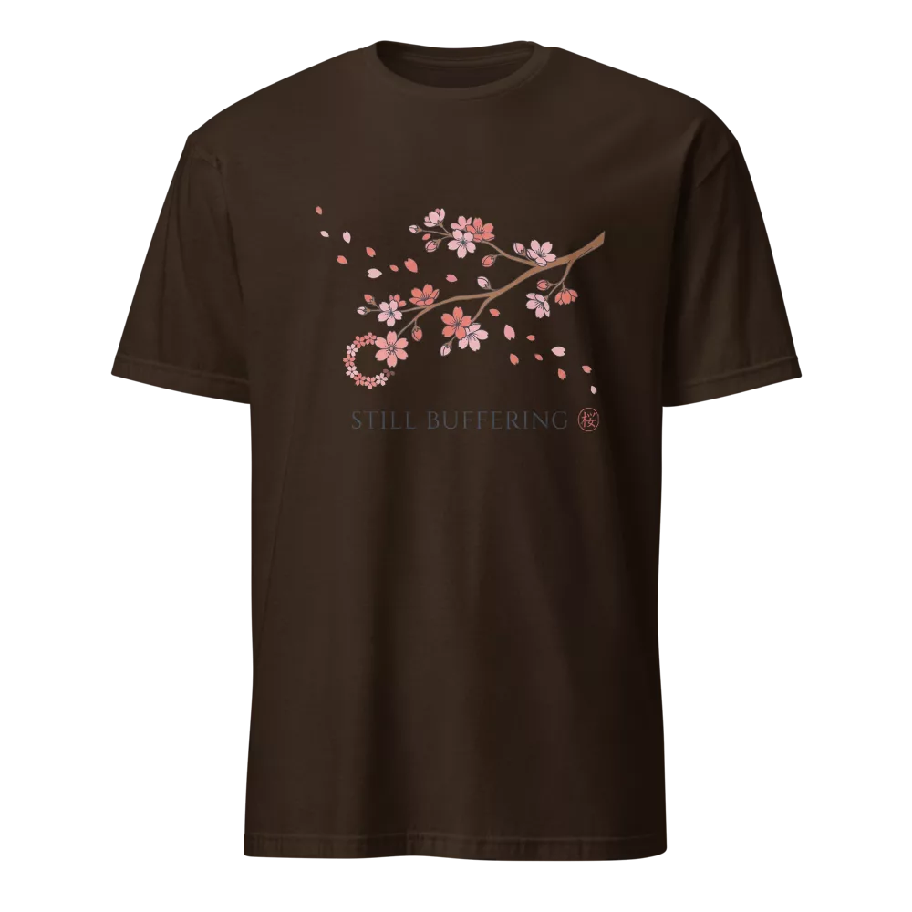 Camiseta negra con rama de flores de cerezo en acuarela y texto Still Buffering — color Chocolate oscuro