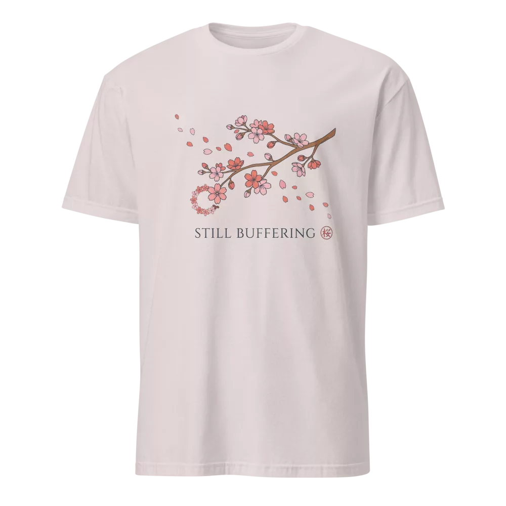 Camiseta negra con rama de flores de cerezo en acuarela y texto Still Buffering — color Gris hielo