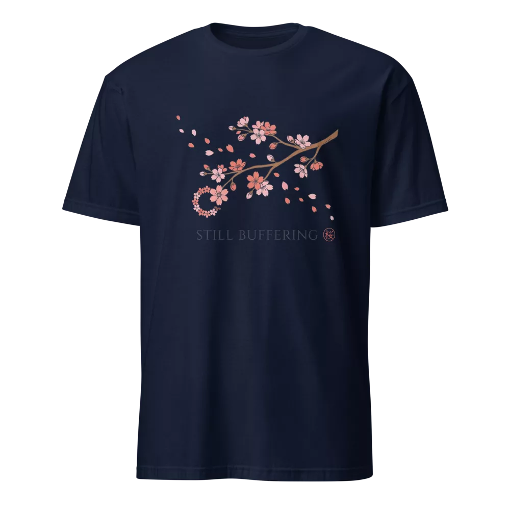 Camiseta negra con rama de flores de cerezo en acuarela y texto Still Buffering — color Marino