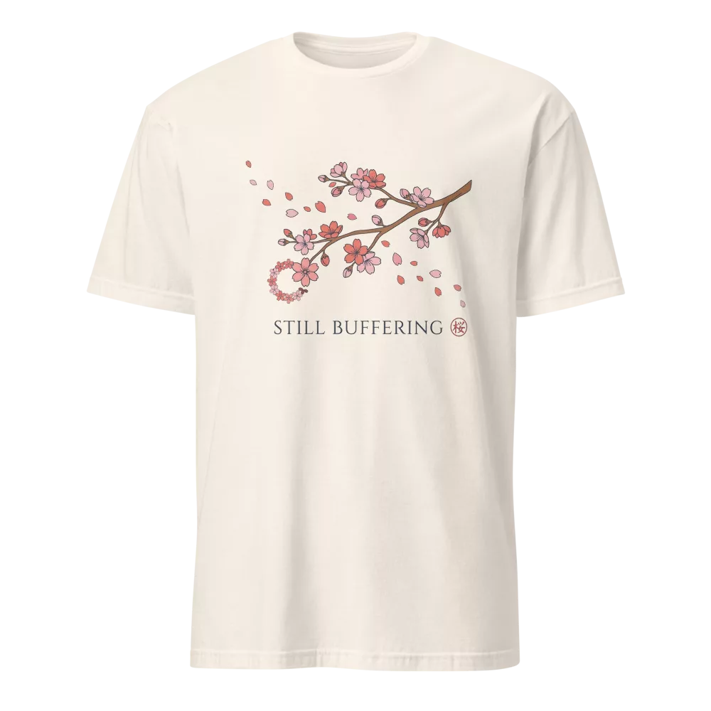 Camiseta negra con rama de flores de cerezo en acuarela y texto Still Buffering — color Natural