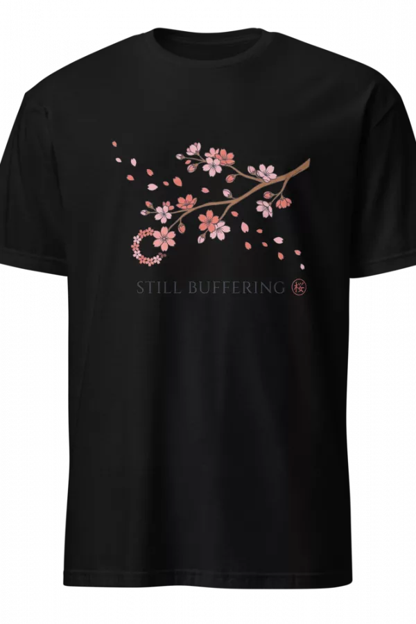 Camiseta negra con rama de flores de cerezo en acuarela y texto Still Buffering — color Negro