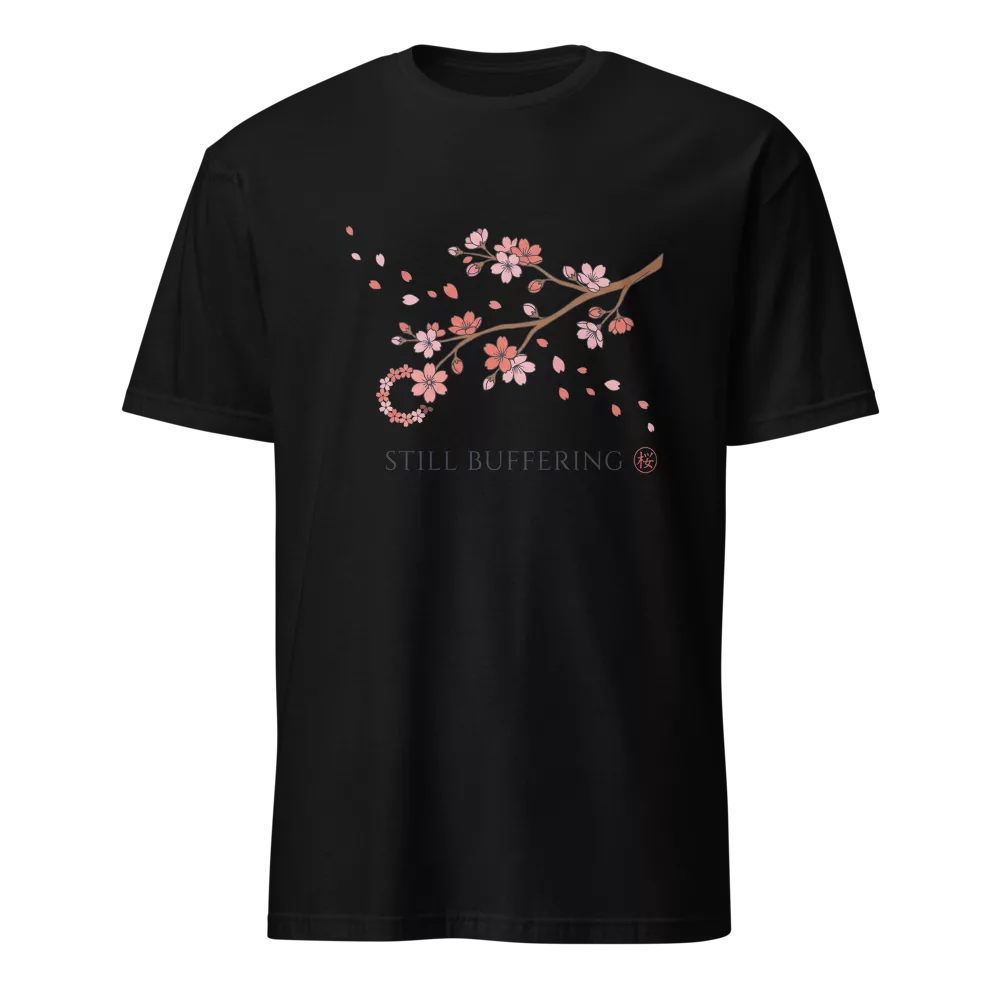 Camiseta negra con rama de flores de cerezo en acuarela y texto Still Buffering — color Negro