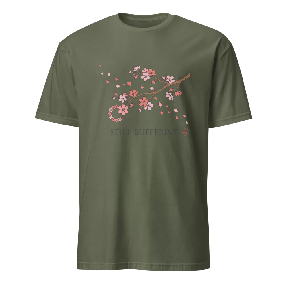 Camiseta negra con rama de flores de cerezo en acuarela y texto Still Buffering — color Verde militar