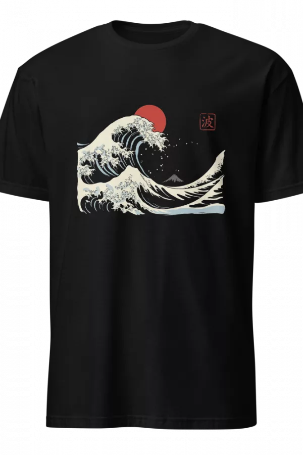Camiseta negra con la Gran Ola en trazo minimalista crema y silueta del monte Fuji — color Negro