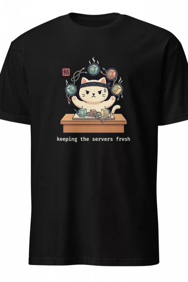 Camiseta negra con gato sysadmin haciendo malabares con servidores sobre una mesa — color Negro