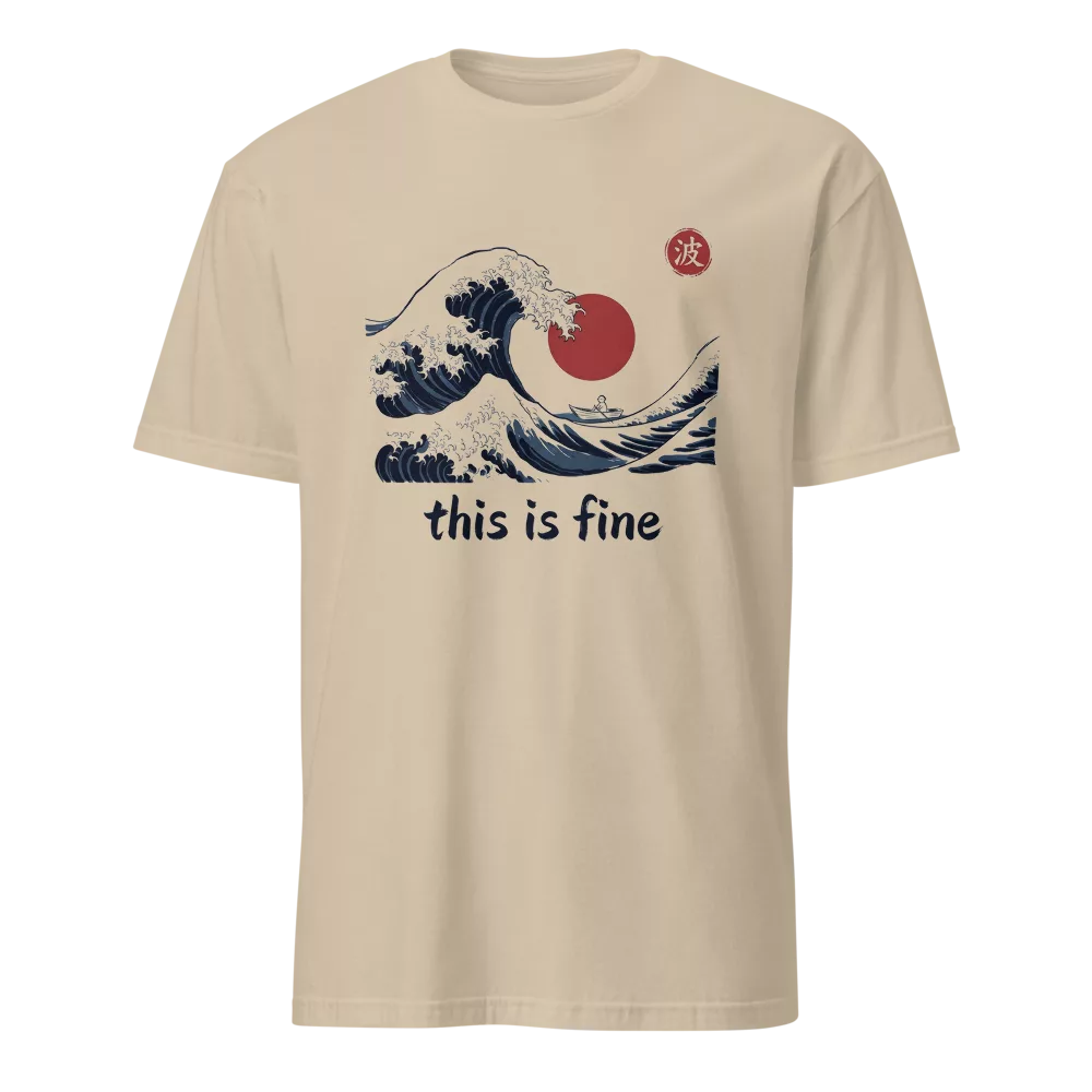 Camiseta beige con ola gigante estilo ukiyo-e y barquita diminuta, texto this is fine — color Arena