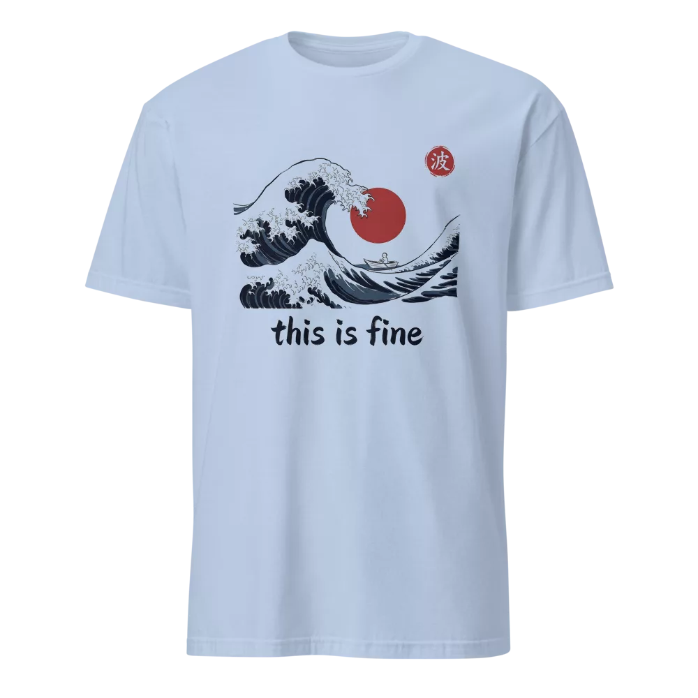 Camiseta beige con ola gigante estilo ukiyo-e y barquita diminuta, texto this is fine — color Azul claro