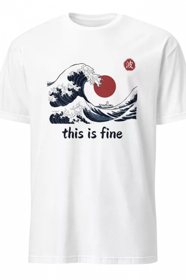 Camiseta beige con ola gigante estilo ukiyo-e y barquita diminuta, texto this is fine — color Blanco
