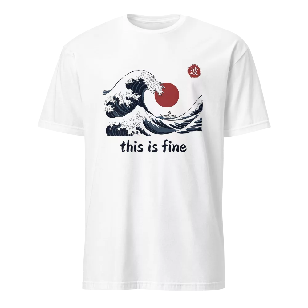 Camiseta beige con ola gigante estilo ukiyo-e y barquita diminuta, texto this is fine — color Blanco