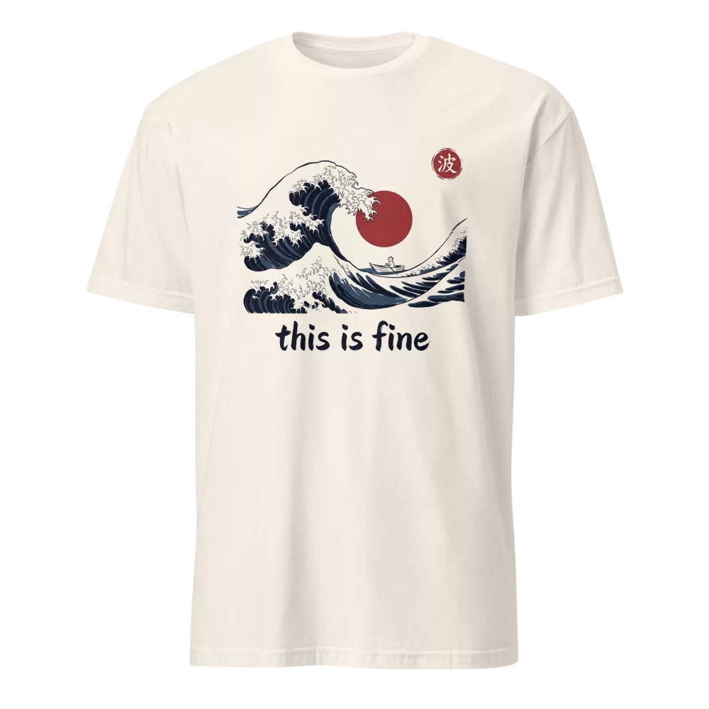 Camiseta beige con ola gigante estilo ukiyo-e y barquita diminuta, texto this is fine — color Natural