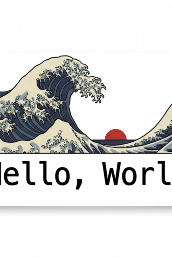 Póster de la gran ola japonesa ukiyo-e con texto Hello World de programador