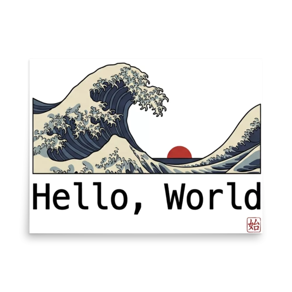 Póster de la gran ola japonesa ukiyo-e con texto Hello World de programador