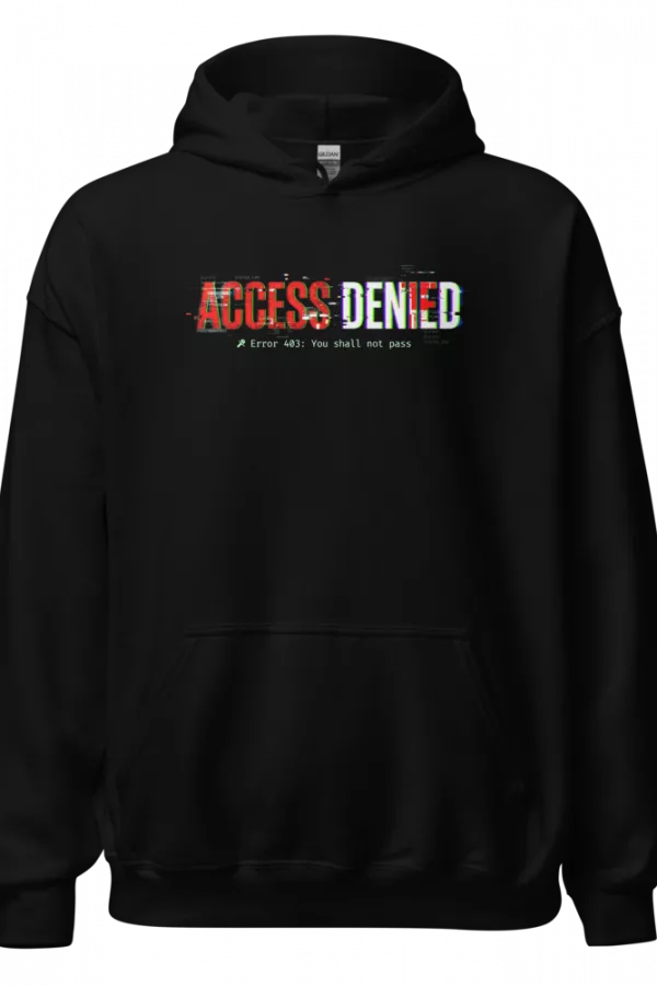 Sudadera negra con glitch Access Denied y aviso error 403 estilo terminal — Negro