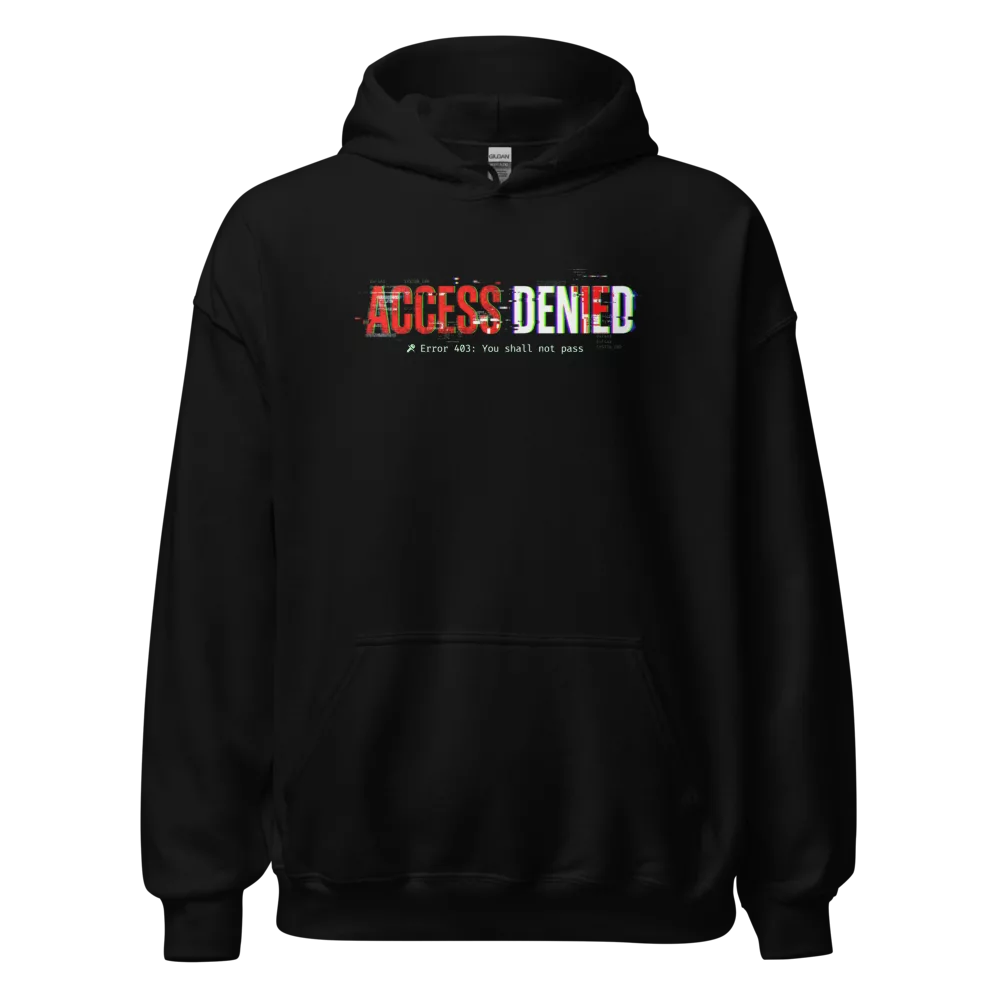 Sudadera negra con glitch Access Denied y aviso error 403 estilo terminal — Negro