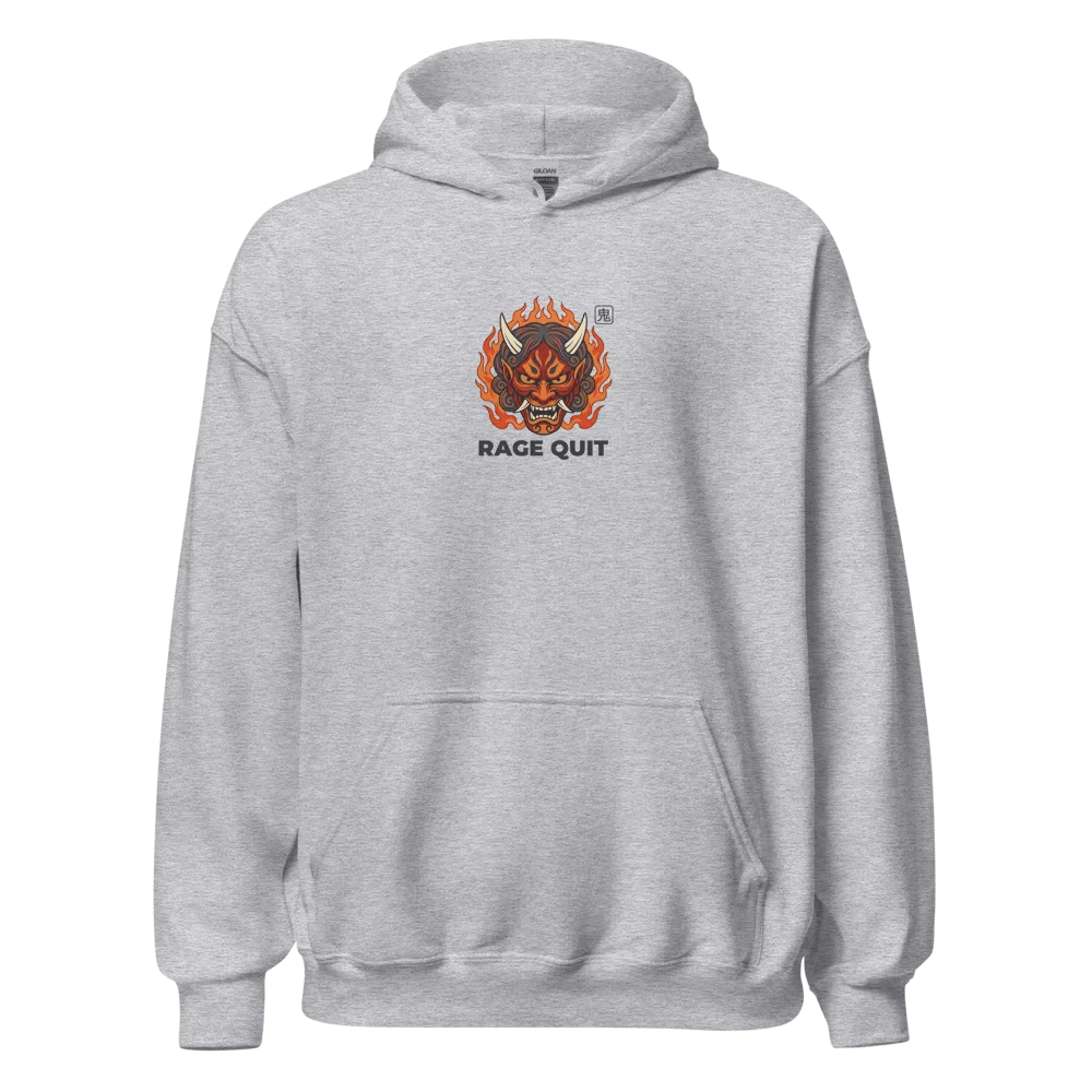 Sudadera negra con máscara oni en llamas y texto Rage Quit — Gris deportivo