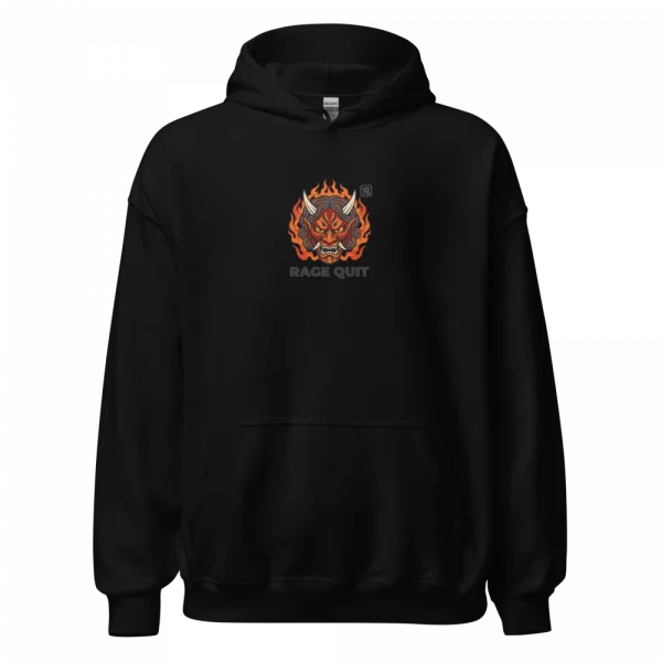Sudadera Rage Quit Oni — máscara demonio en llamas